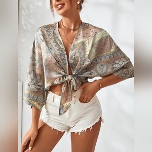Boho Scarf Print Batwing Sleeve Knot Detail Blouse
